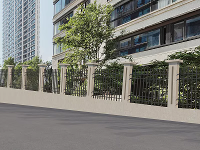 Modern Urban Residential Landscape With High Rise Building Green Trees And Fence Wall 3d model
