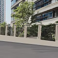 Modern Urban Residential Landscape With High Rise Building Green Trees And Fence Wall