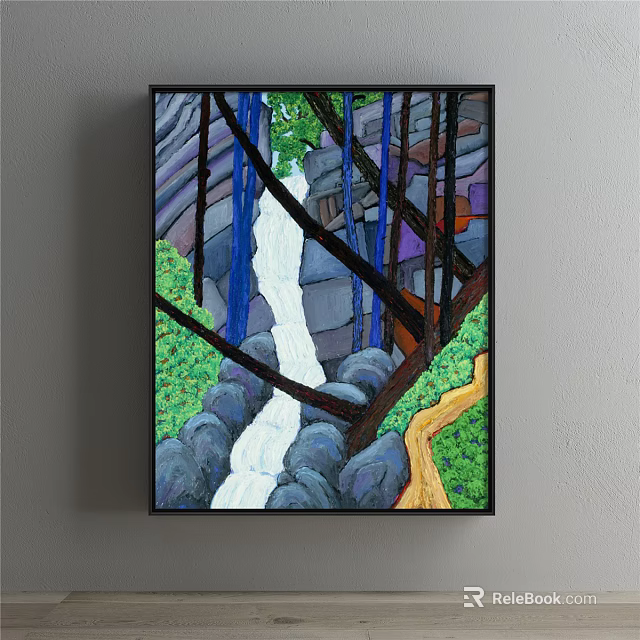 Nature Themed Painting Featuring Waterfall Rocks Trees And Lush Greenery 3d model 