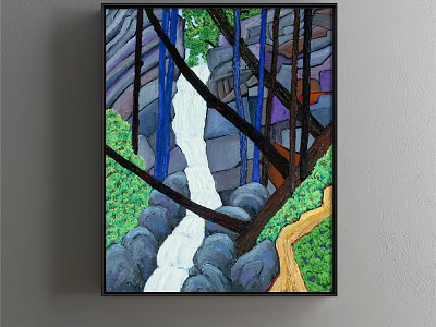 Nature Themed Painting Featuring Waterfall Rocks Trees And Lush Greenery 3d model