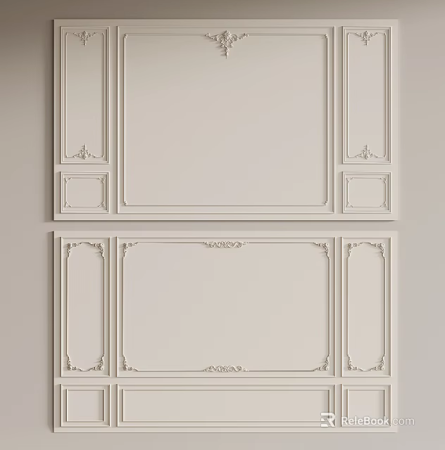 Elegant Modern Background Wall With White Decorative Panels And Ornate Frames Design 3d model