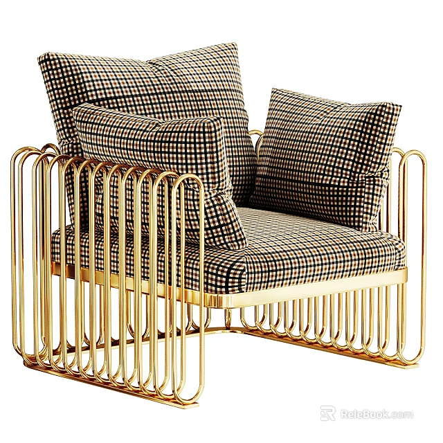 Stylish Single Sofa With Golden Metal Frame And Plaid Pattern Cushions Design 3d model 