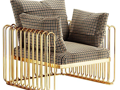 Stylish Single Sofa With Golden Metal Frame And Plaid Pattern Cushions Design 3d model