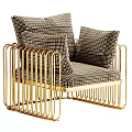 Stylish Single Sofa With Golden Metal Frame And Plaid Pattern Cushions Design