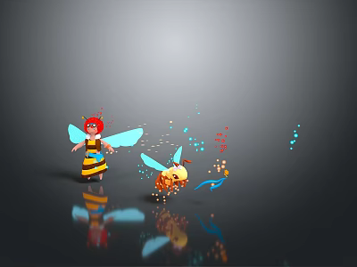 Cartoon Style Bee Fairy Character With Little Bee And Colorful Glowing Spots On Reflective Ground 3d model