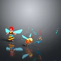 Cartoon Style Bee Fairy Character With Little Bee And Colorful Glowing Spots On Reflective Ground