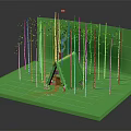 Cartoon Forest Scene With Small Log Cabin And Tall Birch Trees On Green Platform