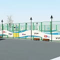 Outdoor Olympic Ice Rink With COC Logo Fencing Street Lamps And Benches