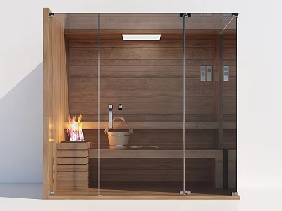 Modern Steam Sauna Interior With Wooden Walls Glass Door Bucket Heater And Light Fixture 3d model
