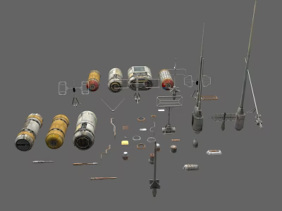 Assorted Weapon Components Including Ammunition Launchers Metal Parts And Antenna Structures 3d model