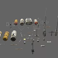 Assorted Weapon Components Including Ammunition Launchers Metal Parts And Antenna Structures