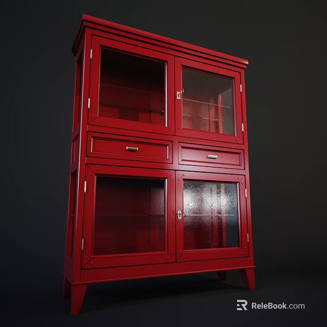 Red Wooden Entryway Side Cabinet with Glass Doors and Drawers for Home Decor 3d model 