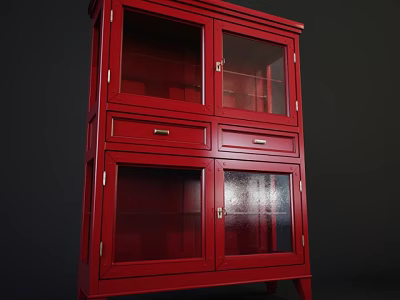 Red Wooden Entryway Side Cabinet with Glass Doors and Drawers for Home Decor 3d model