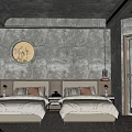Hotel Guest Room With Twin Double Beds Round Artwork Floor To Ceiling Windows Wooden Flooring