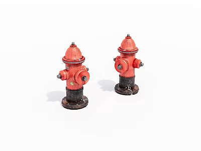 Two Red Public Fire Hydrants With Outdoor Metal Bases And Classic Design 3d model