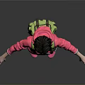 Woman in Pink Hoodie with Colorful Heart 80s Print Green Backpack Gray Pants Pink Shoes