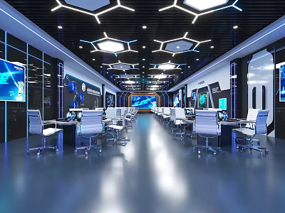 School High Tech Classroom With Computers Displays Modern Desks Chairs Blue Lighting Hexagonal Ceiling 3d model