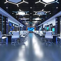 School High Tech Classroom With Computers Displays Modern Desks Chairs Blue Lighting Hexagonal Ceiling 3d model
