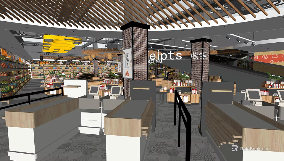 Modern Supermarket Interior With Grocery Shelves Checkout Counters And Wooden Ceiling 3d model 