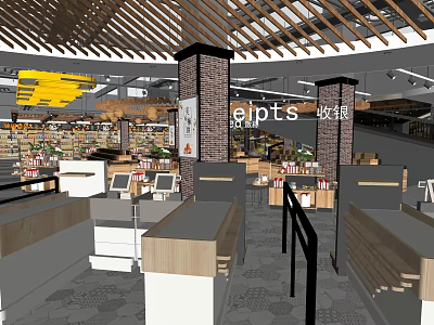 Modern Supermarket Interior With Grocery Shelves Checkout Counters And Wooden Ceiling 3d model