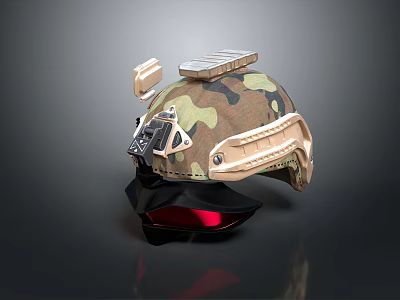Tactical Military Helmet With Camouflage Pattern Top Mounted Attachments And Side Components 3d model