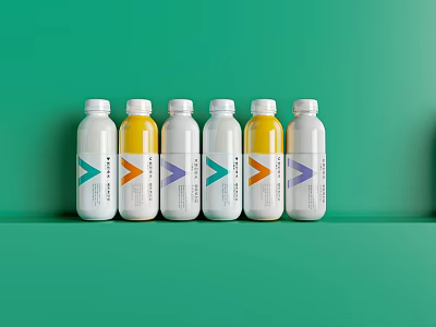 Six Bottled Beverages with Vibrant Color Labels on Green Background 3d model