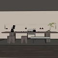 Traditional Japanese Tea Room Interior With Wooden Table Low Stools Tea Sets And Green Plant