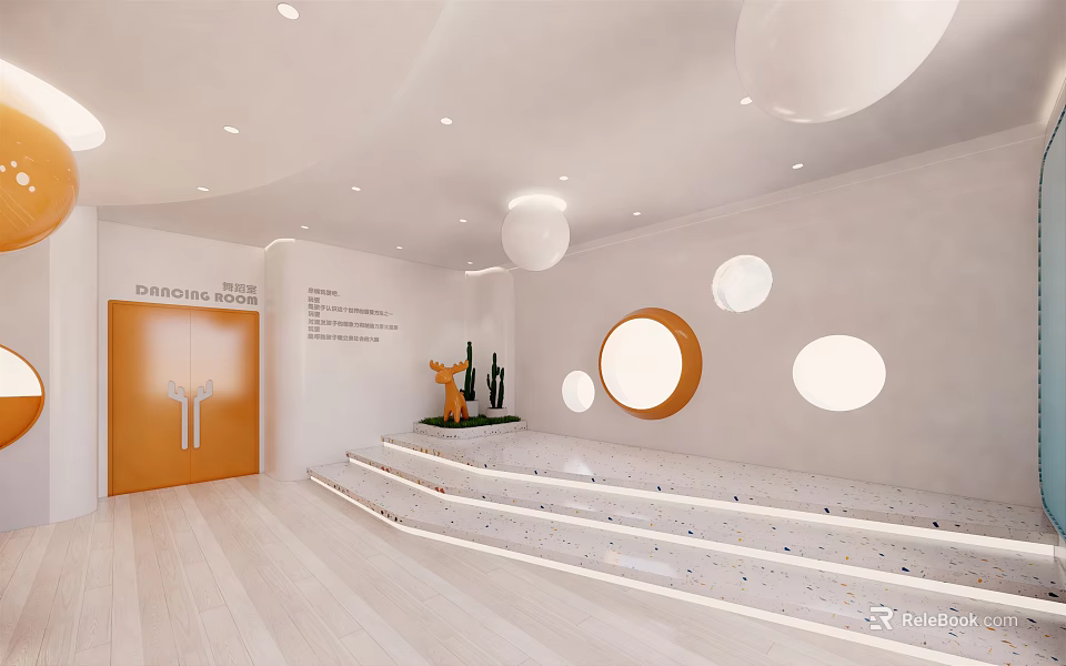 Modern School Hall Interior With Circular Lights Stairs And Orange Door Design 3d model 