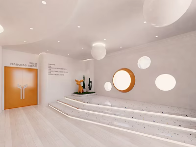 Modern School Hall Interior With Circular Lights Stairs And Orange Door Design 3d model