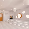 Modern School Hall Interior With Circular Lights Stairs And Orange Door Design