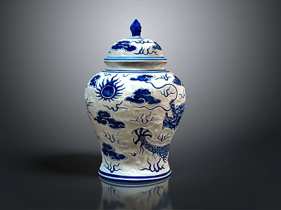 Traditional Sculpture Carving On Blue And White Ceramic Jar With Dragon Sun Motif And Lid 3d model