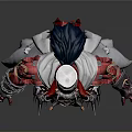 Creature Inspired Warrior Character In Red Armor With Horns And Swords