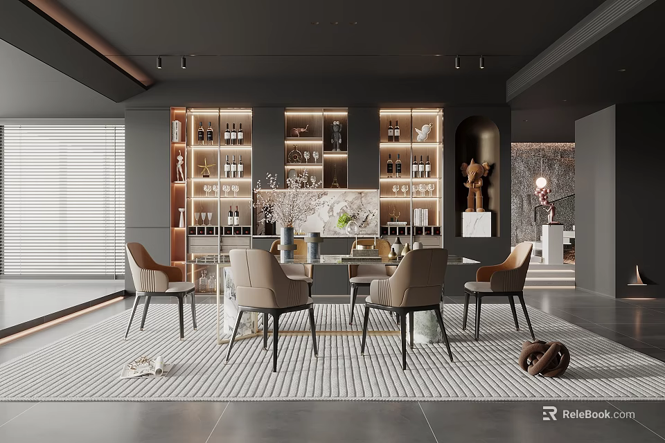 Modern Luxury Restaurant Interior With Open Wine Cabinet Dining Table Chairs And Marble Countertop Lighting 3d model 