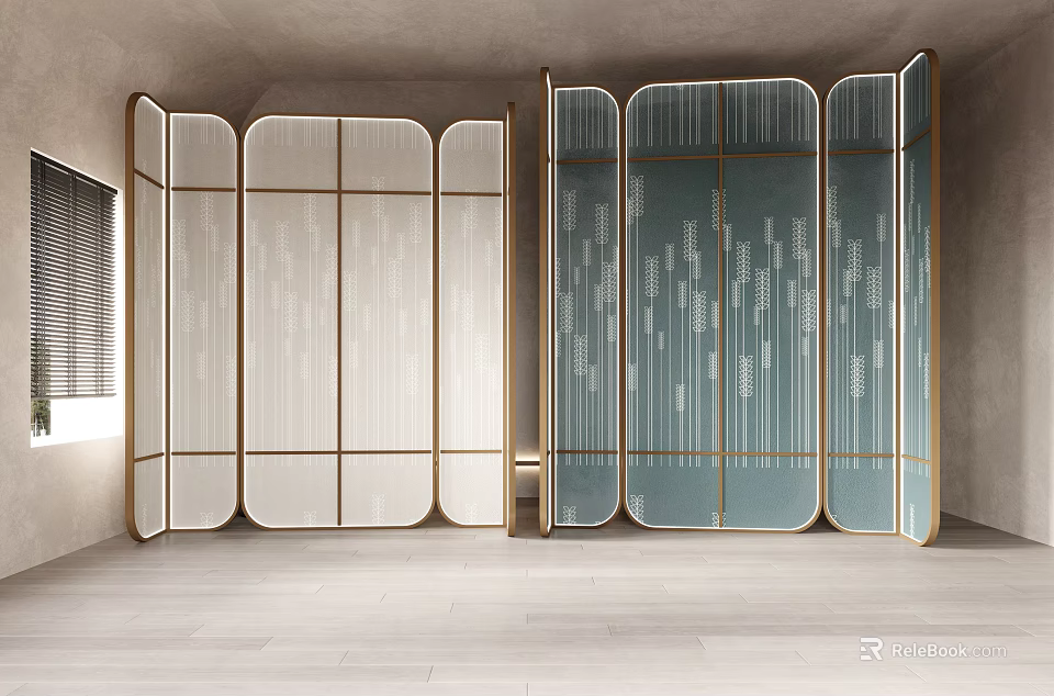 Elegant Modern Partition Screens With Gold Frame And Patterned Glass Panels For Interior Space 3d model 