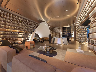 Elegant Book Art Library Interior With Abundant Bookshelves Cozy Sofas And Modern Circular Ceiling 3d model