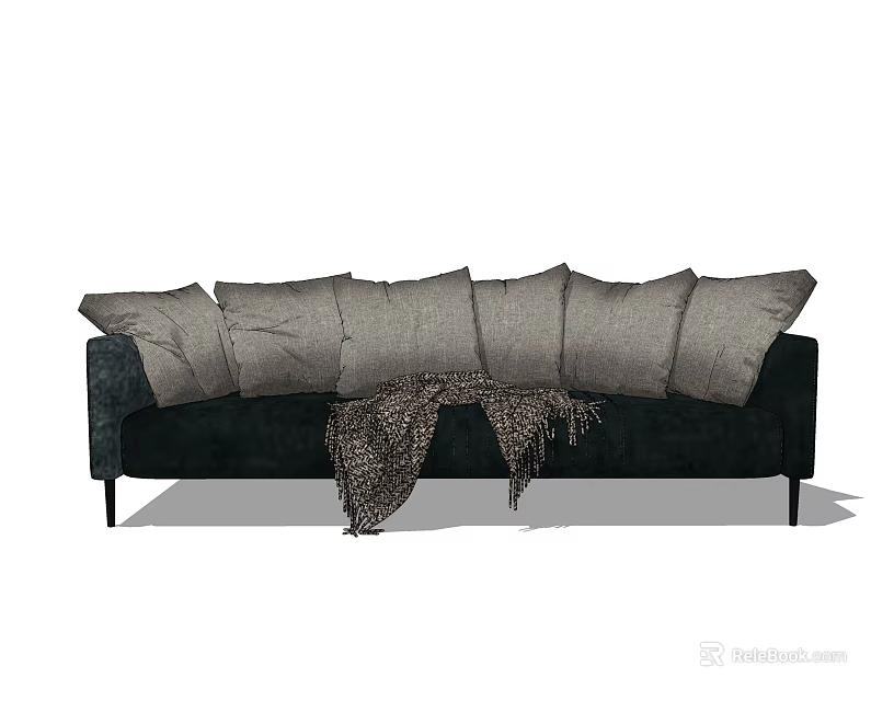 Modern Dark Colored Sectional Sofa With Multiple Gray Cushions And Knitted Throw Blanket 3d model