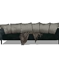 Modern Dark Colored Sectional Sofa With Multiple Gray Cushions And Knitted Throw Blanket 3d model