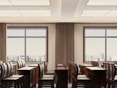 Modern Conference Room Interior Design With Large Windows Curtains And Wooden Tables 3d model