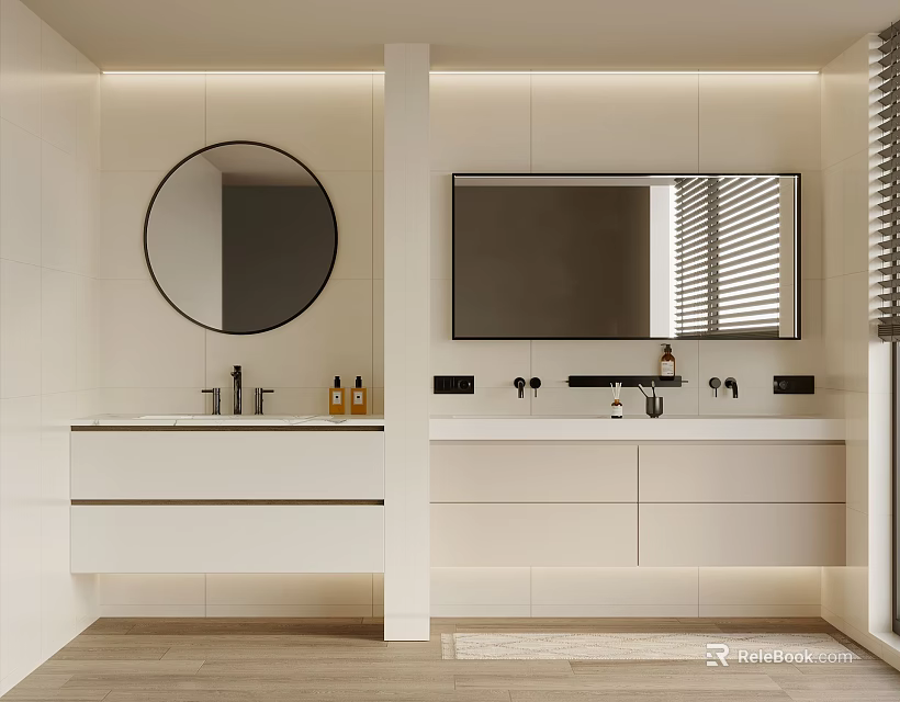 Modern White Bathroom Interior With Double Washbasins Cabinets Round And Rectangular Mirrors 3d model