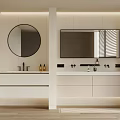 Modern White Bathroom Interior With Double Washbasins Cabinets Round And Rectangular Mirrors 3d model