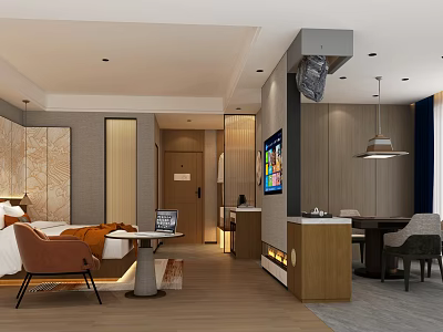 Elegant Modern Hotel Room Interior With Comfortable Bed Wall Mounted TV And Wooden Furniture 3d model
