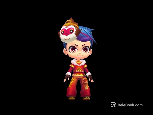 Cartoon Game Movie Character With Blue Purple Hair Peking Opera Mask Red Gold Traditional Costume 3d model 