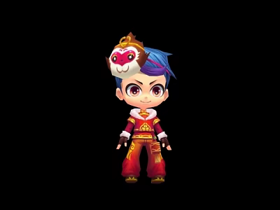 Cartoon Game Movie Character With Blue Purple Hair Peking Opera Mask Red Gold Traditional Costume 3d model