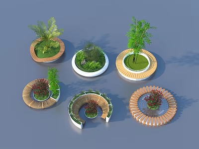 Outdoor Circular Planter Seats With Wooden And White Frames And Green Plants 3d model