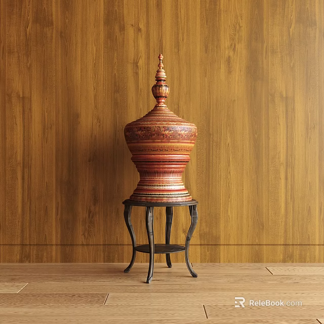 Red And Orange Carved Sculpture On Black Metal Stand With Wooden Wall Background 3d model 