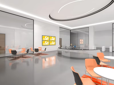 Modern Reception Area With Glass Partitions White Front Desk Orange Chairs And Round Tables 3d model