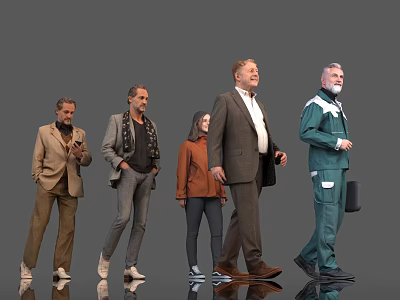Diverse Group of People Standing Together in Various Outfits Against Grey Background 3d model