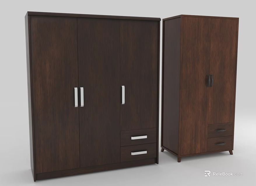 Two Piece Dark Brown Wooden Wardrobe Furniture With Double Doors Drawers And Metal Handles 3d model 