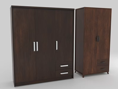 Two Piece Dark Brown Wooden Wardrobe Furniture With Double Doors Drawers And Metal Handles 3d model