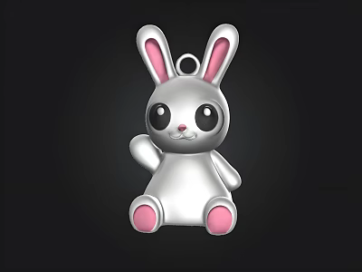 Cute Silver Rabbit Shaped Pendant With Pink Ears And Paws Design 3d model